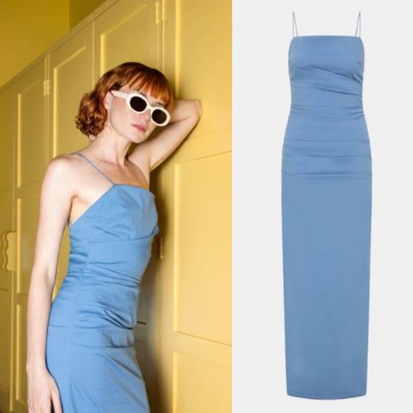 SIR. | NWT Jones Gown in Washed Blue Stretch Cotton Square Neck Maxi Size 3/L - Picture 1 of 16